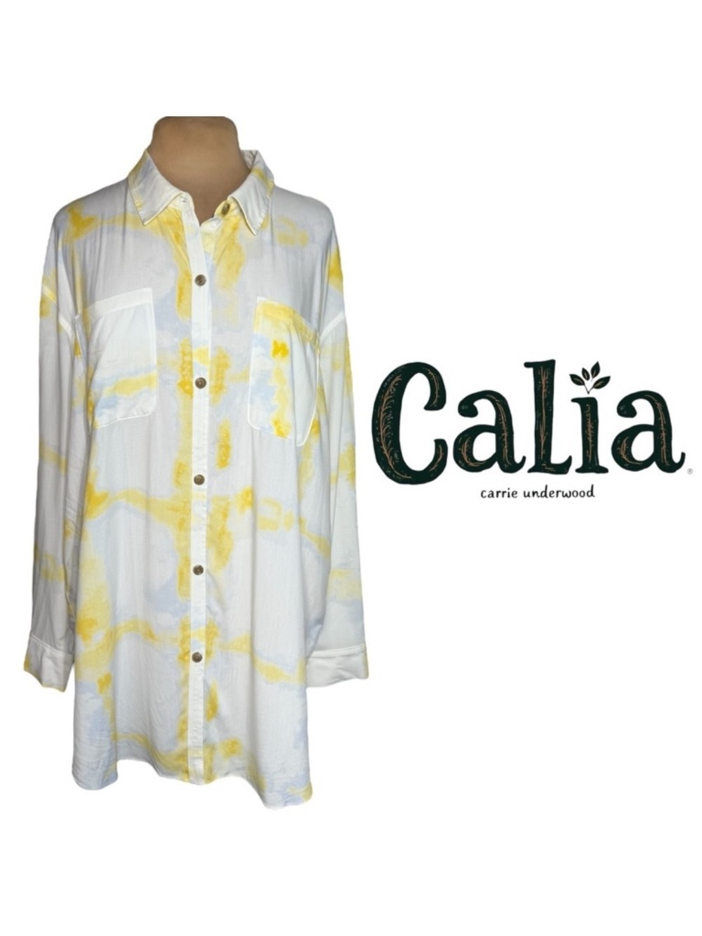Calia By Carrie Underwood Cover Up Shirt Watercolor Plaid Yellow purple Size XL - Picture 2 of 11